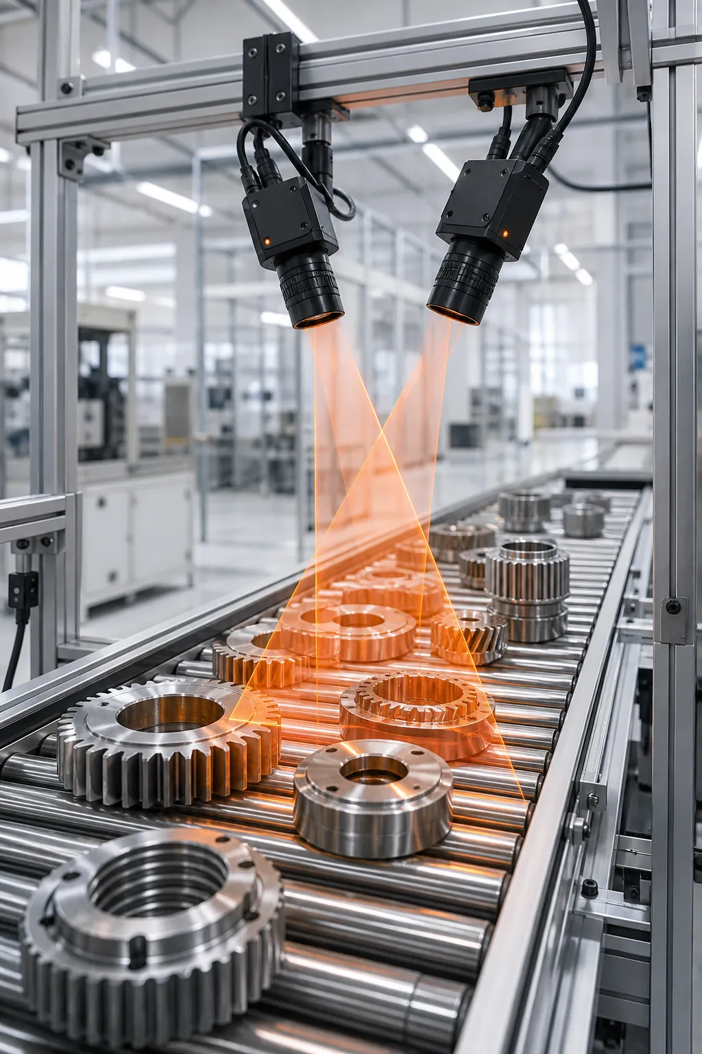 Câmeras industriais de visão projetando feixe laranja sobre engrenagens em uma linha de inspeção
